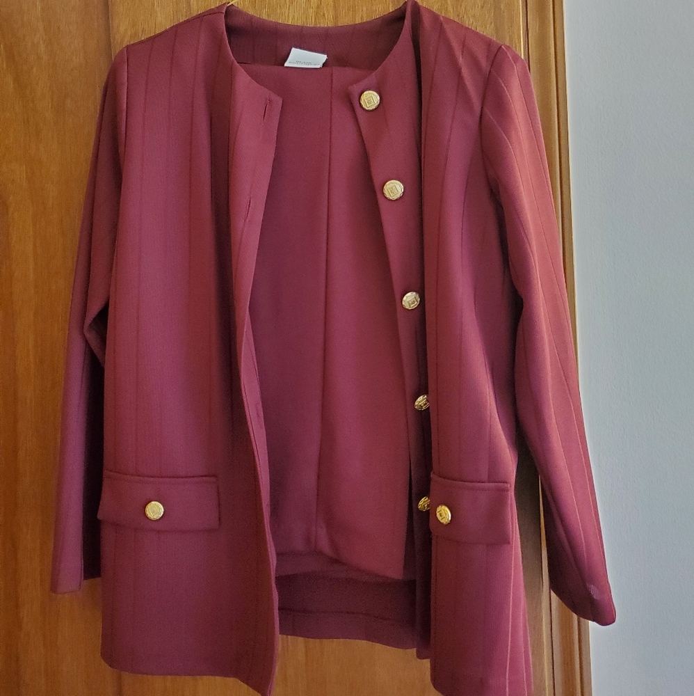 Women's Burgundy Pantsuit Jacket with Gold-Tone Buttons